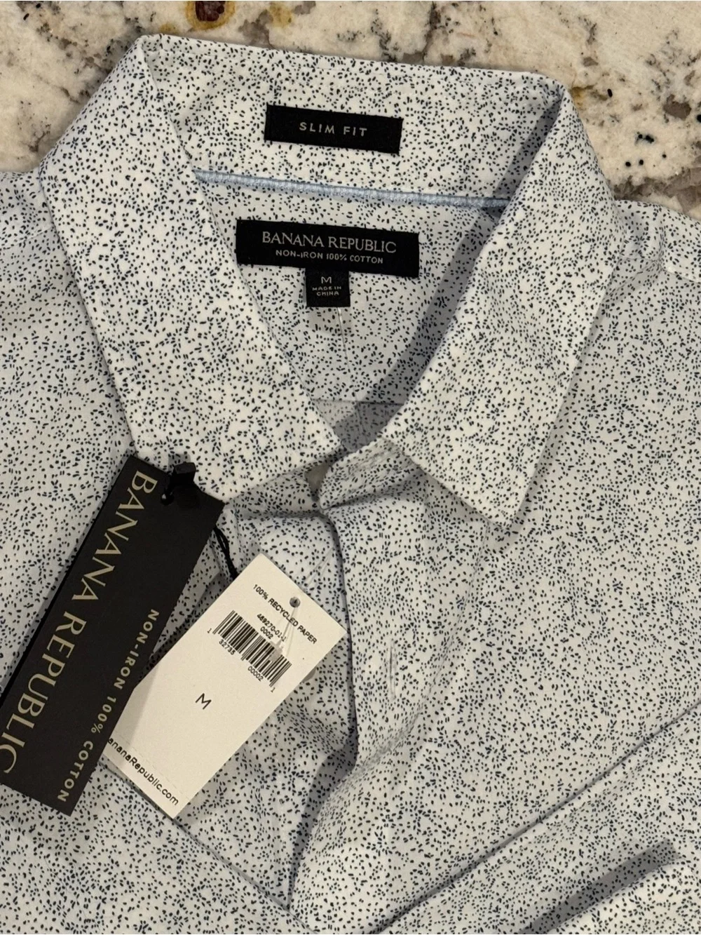 Banana Republic Men's White Shirt with Blue Microprint